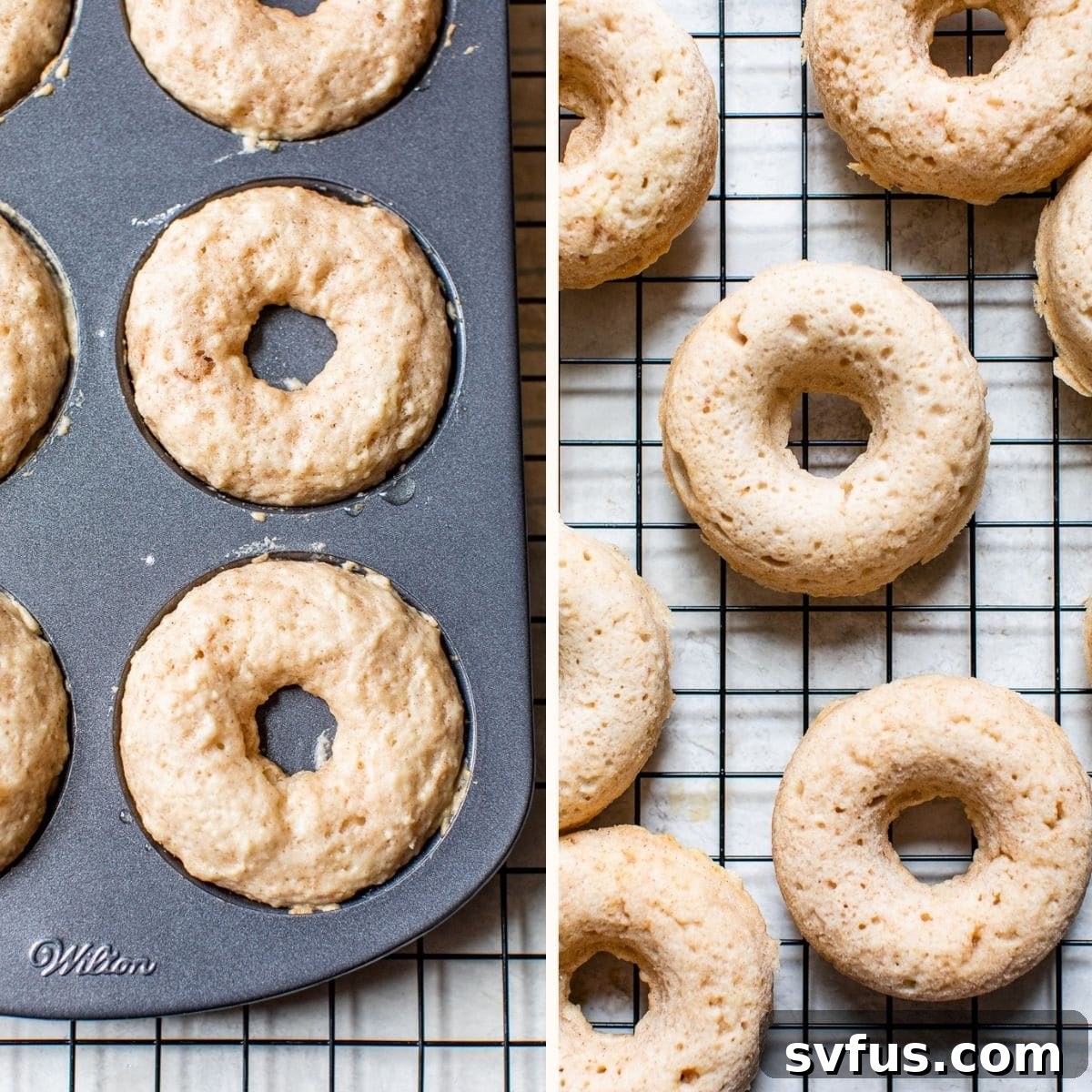 Unbaked vegan donut batter neatly placed into a donut pan, ready for the oven.
