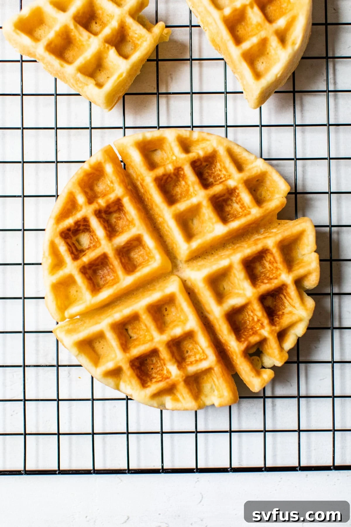 Freshly cooked paleo waffle cooling on a wire rack, steam gently rising.