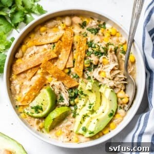 bowl of soup topped with avocado, cilantro and tortilla strips