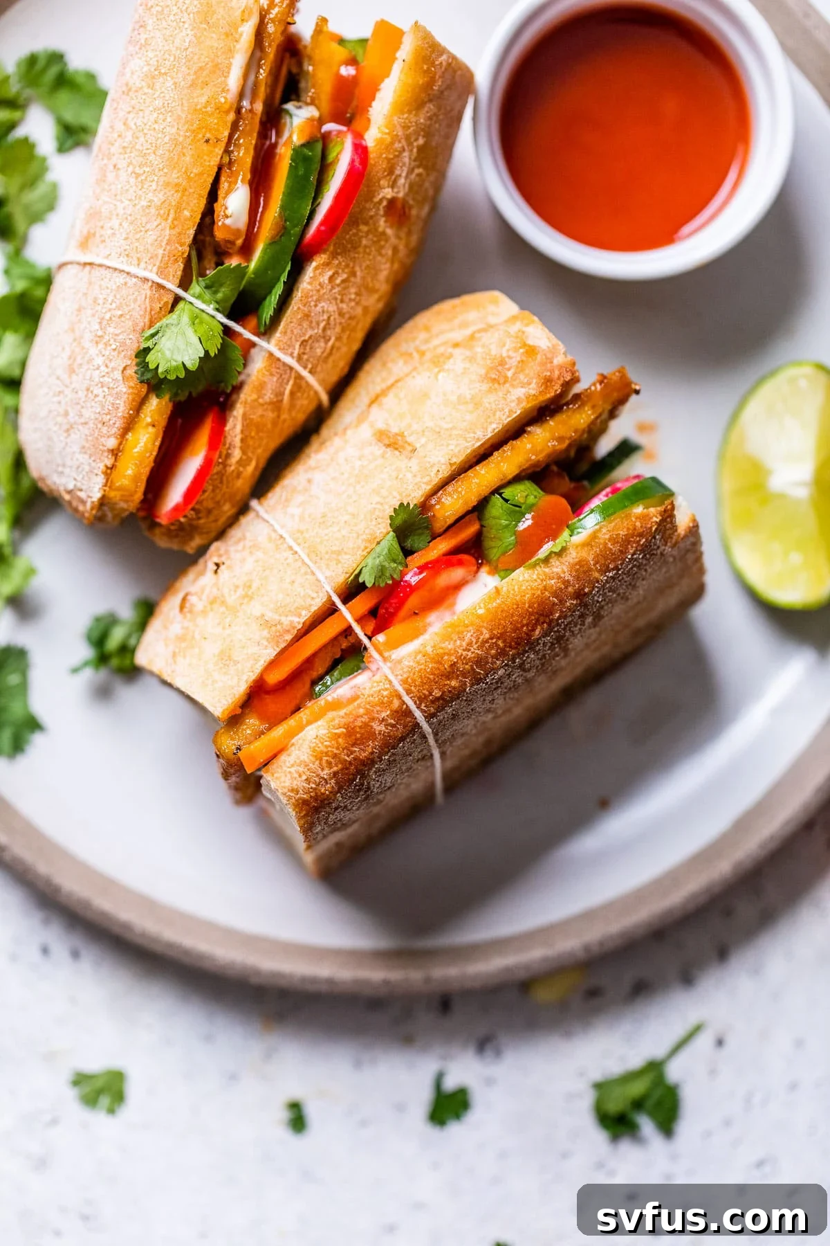 A vibrant Tofu Banh Mi sandwich, sliced in half, showcasing crispy tofu, colorful pickled vegetables, and fresh cilantro, resting on a rustic wooden board.