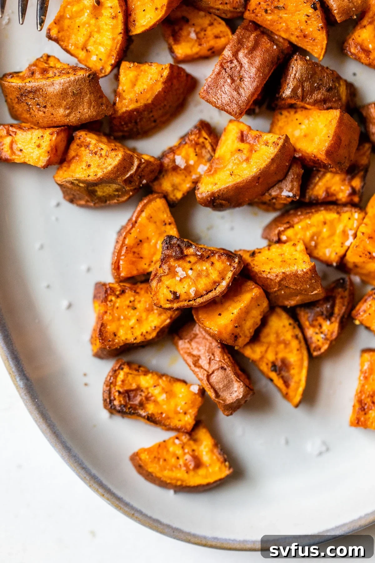 close up of diced sweet potatoes