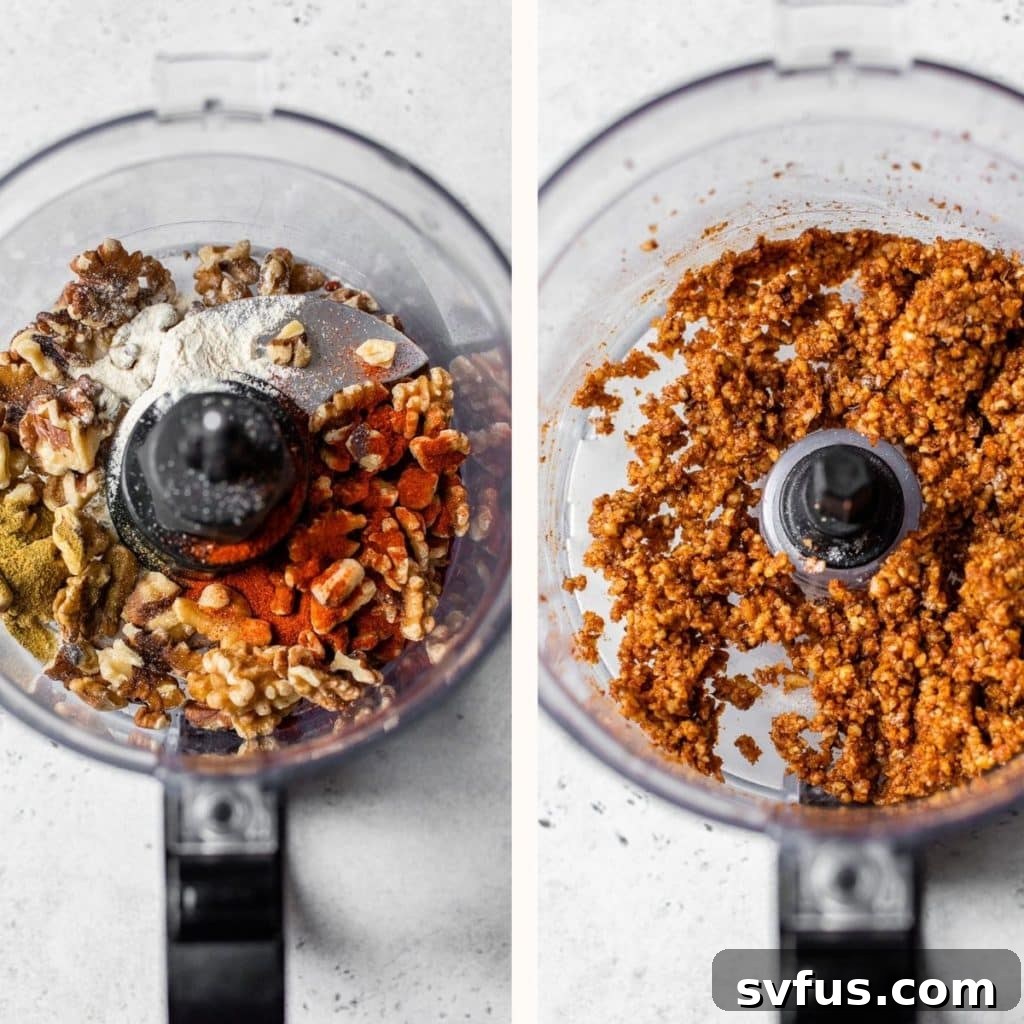 Finely blended walnuts with spices in a food processor, resembling ground meat for the taco recipe.