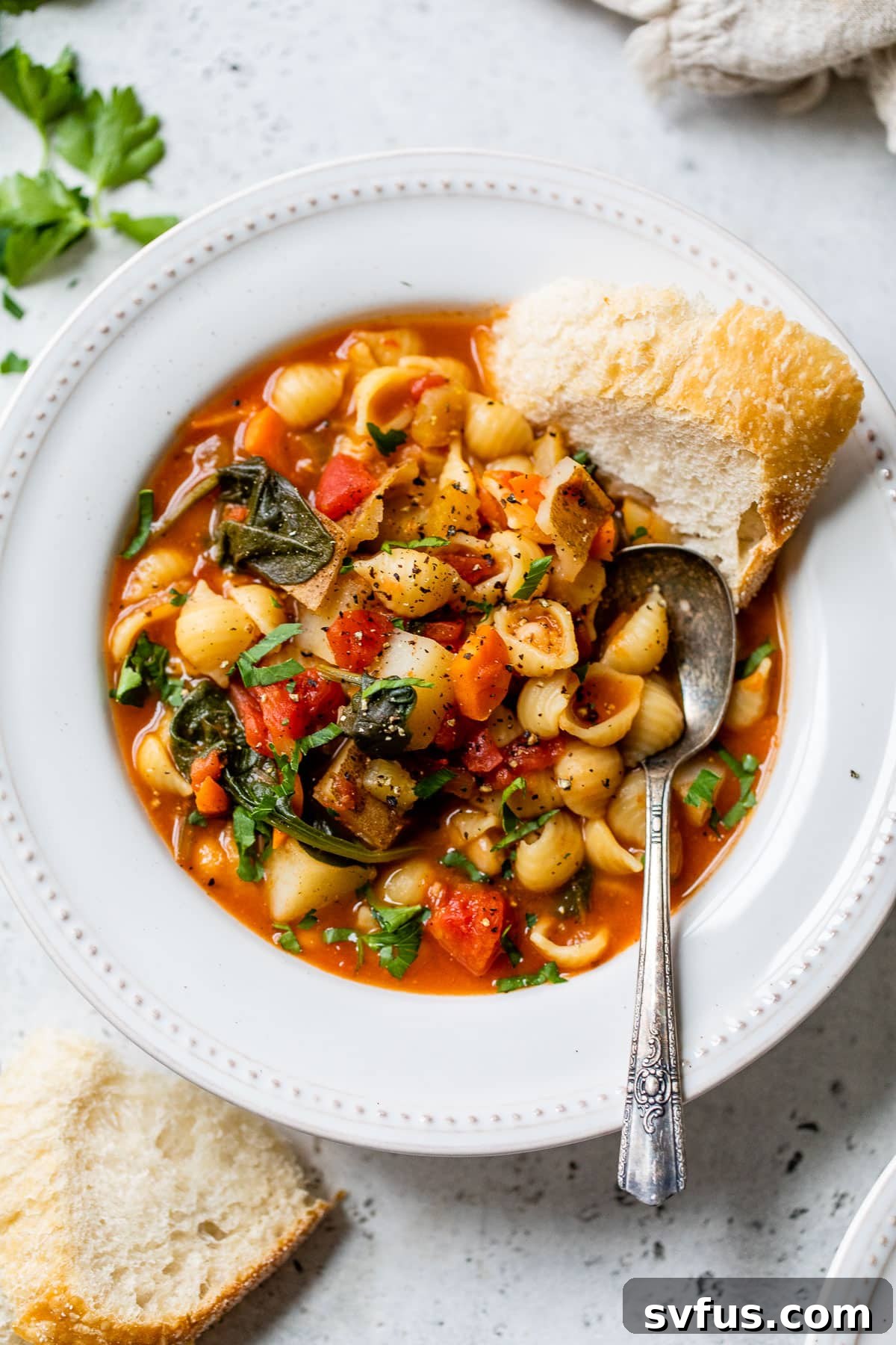 A close-up of a steaming bowl of vegan minestrone soup, garnished with fresh basil, showcasing its rich texture and vibrant ingredients.