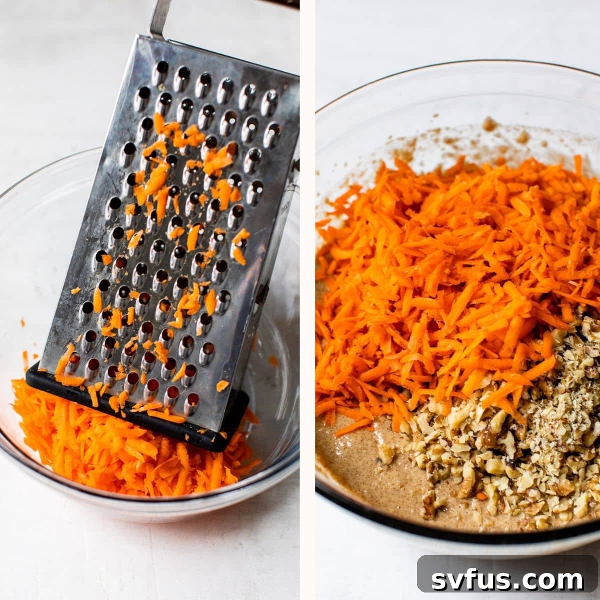 A bowl filled with freshly grated carrots, alongside a bowl of cake batter and a handful of chopped walnuts, ready to be folded in.