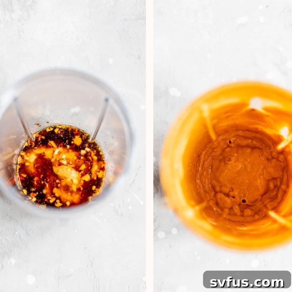 All the sauce ingredients being blended in a small kitchen blender for a smooth consistency