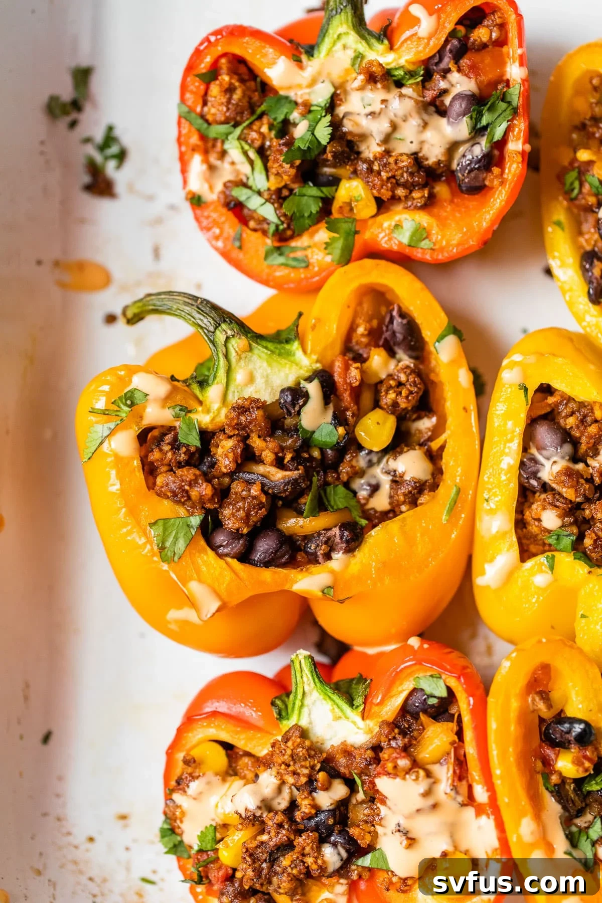 Vibrant vegan stuffed bell peppers nestled in a casserole dish, ready to be served.