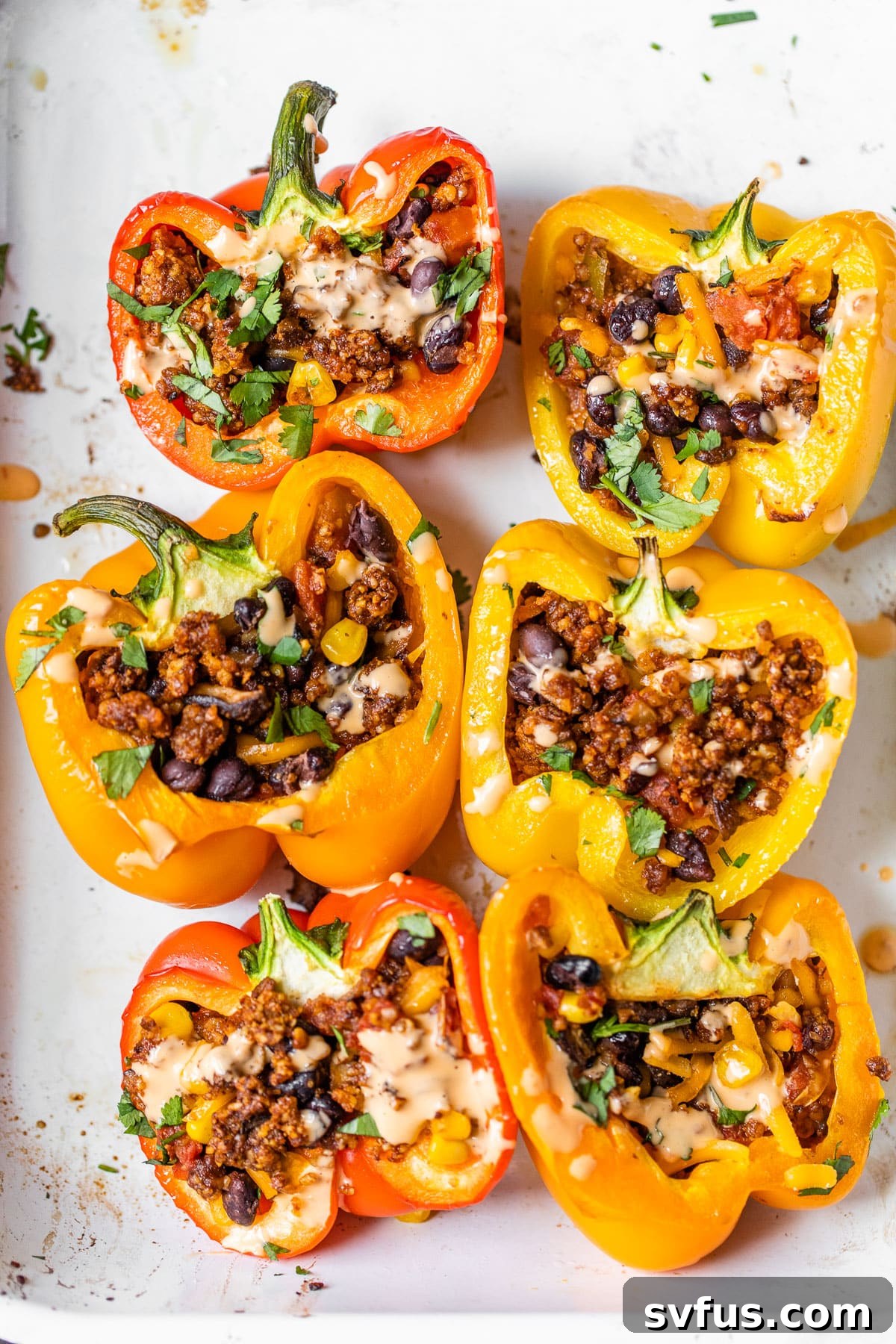 Beautifully cooked vegan stuffed bell peppers with a cilantro garnish in a casserole dish, ready to be enjoyed.