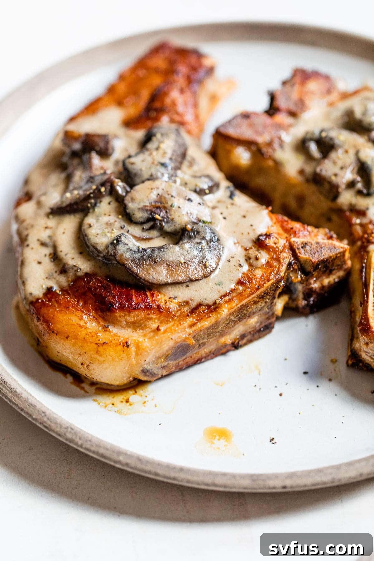 close up of a cooked pork chop on a plate