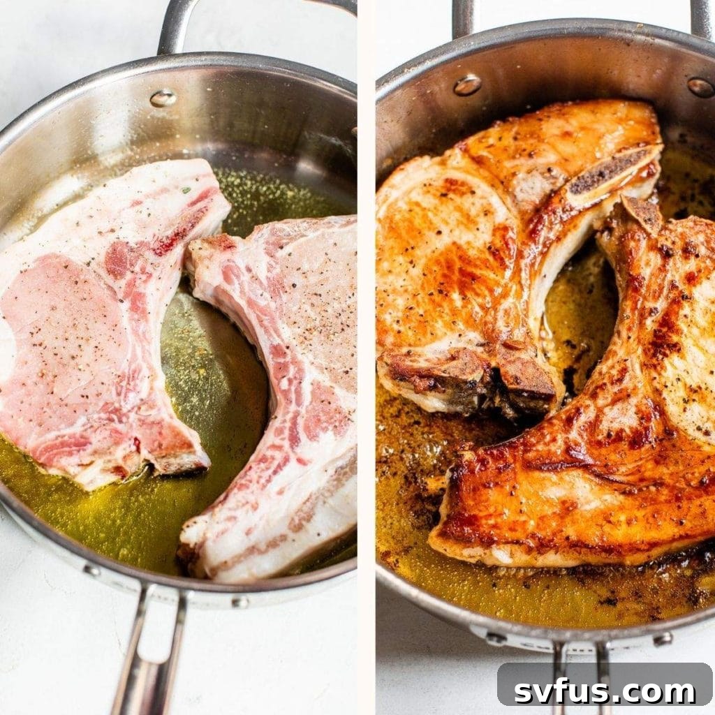 pork chops being cooked in a skillet