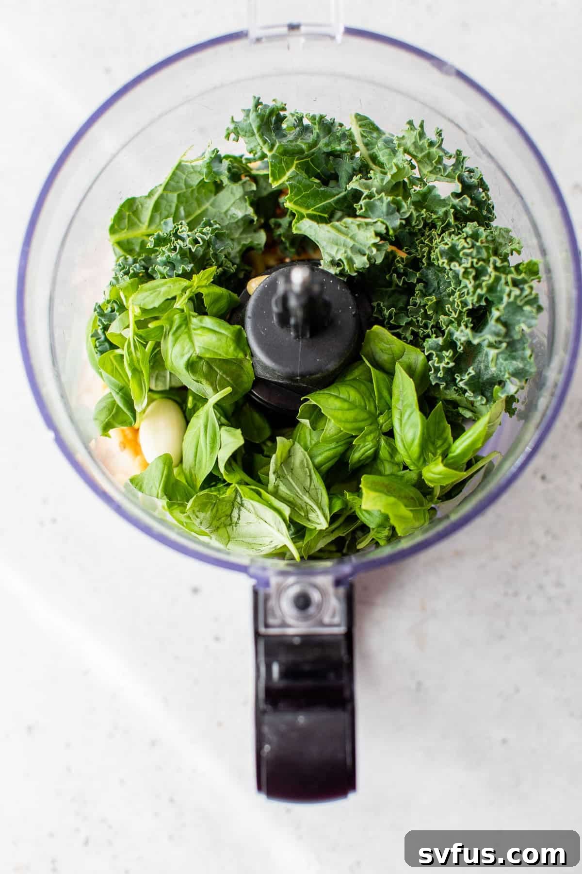 Close-up of kale, basil, and garlic cloves being added to a food processor before blending.