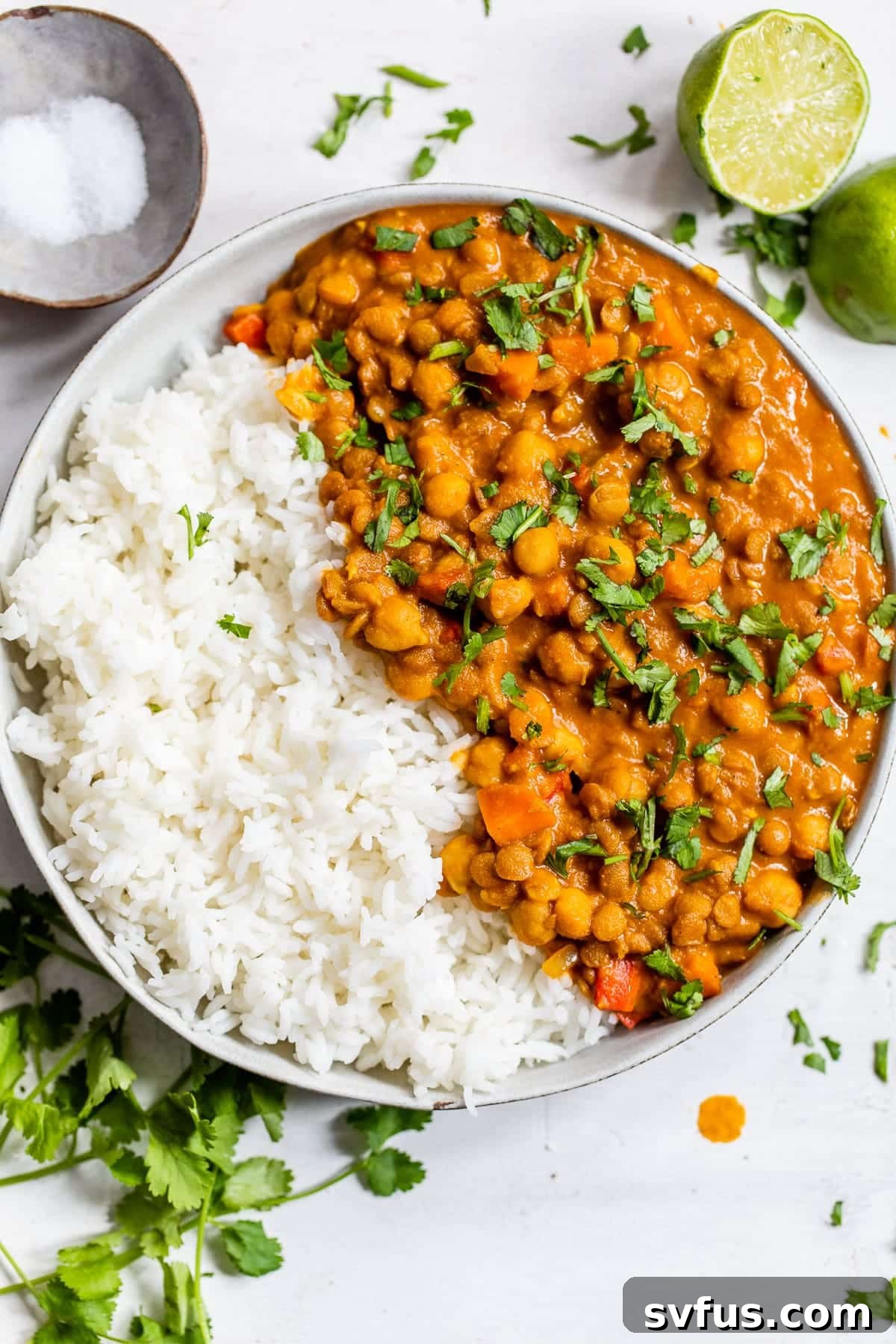 A bowl of rich lentil curry served alongside fluffy basmati rice, garnished with fresh herbs.