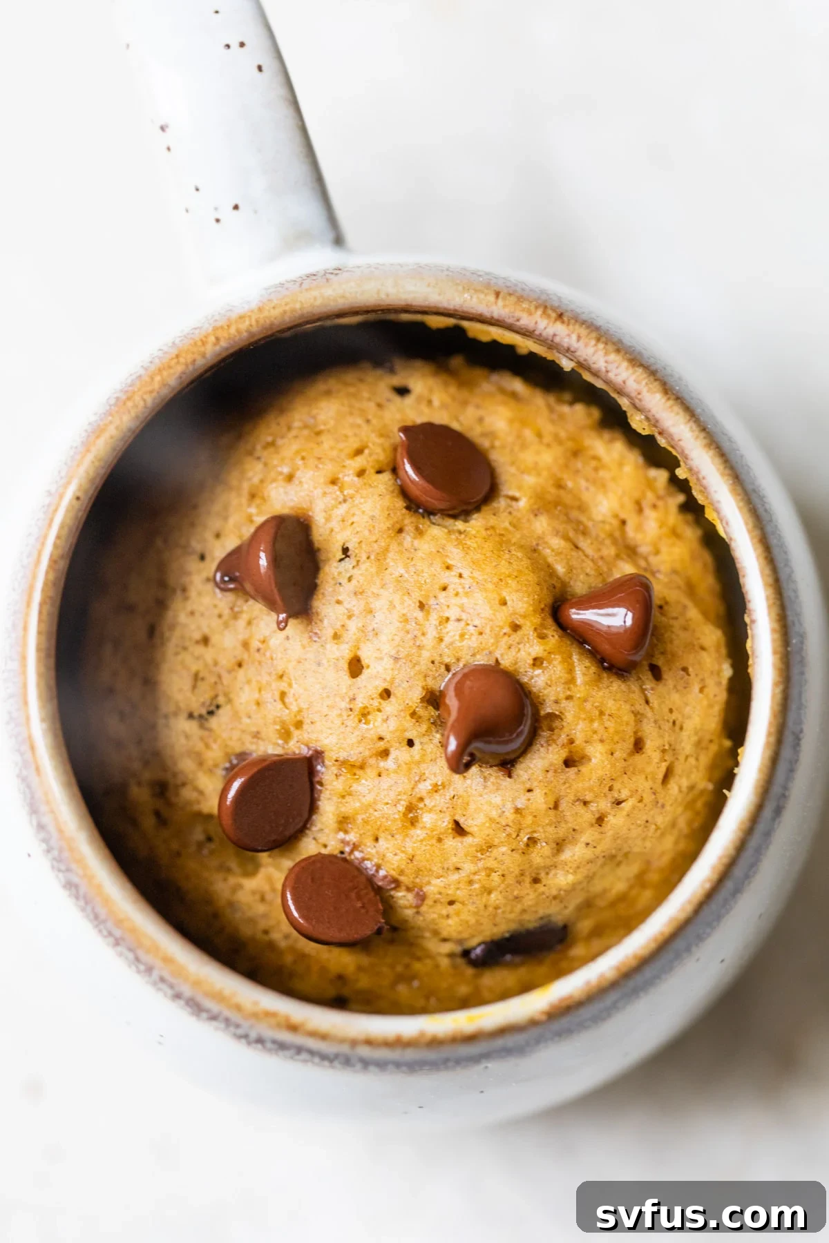 A perfectly baked pumpkin mug cake, rich in color, with melted chocolate chips on top, ready to be enjoyed.