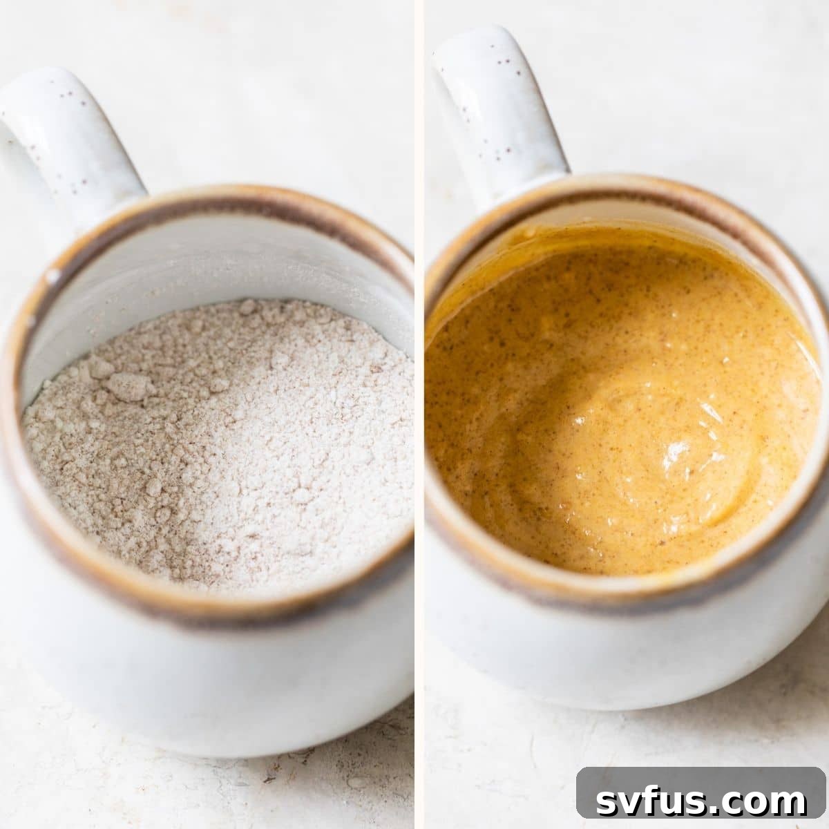 Pumpkin cake batter mixed in a ceramic mug before microwaving, showing a smooth, creamy texture.