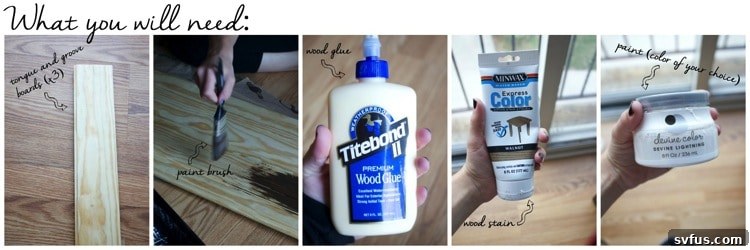 Food photo board supplies - wooden planks, wood glue, stain, paint, brushes