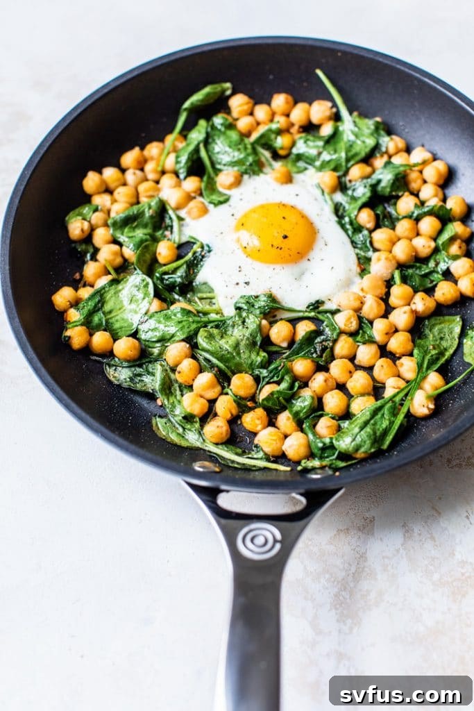 Single serve egg and chickpea breakfast skillet, healthy and protein-rich