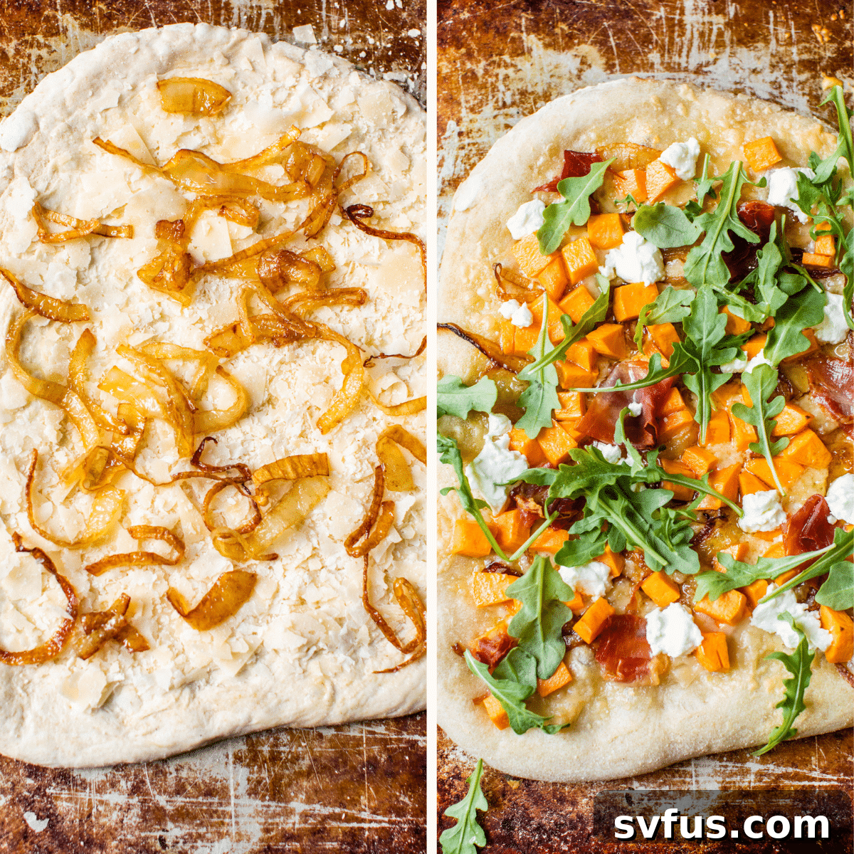 A freshly assembled Sweet Potato Pizza, topped with caramelized onions, parmesan, sweet potatoes, and prosciutto, on a baking sheet, ready to go into the oven.