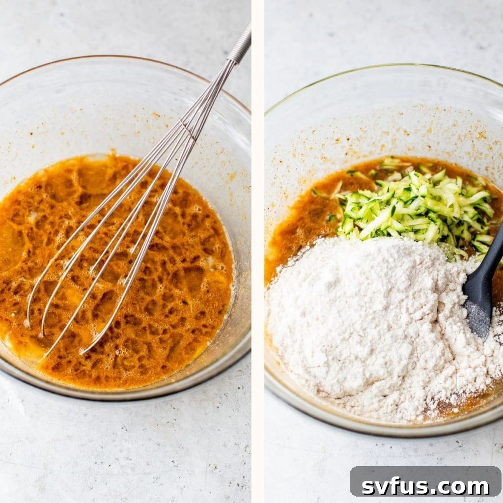 Whisked eggs, maple syrup, and nut butter in a glass bowl