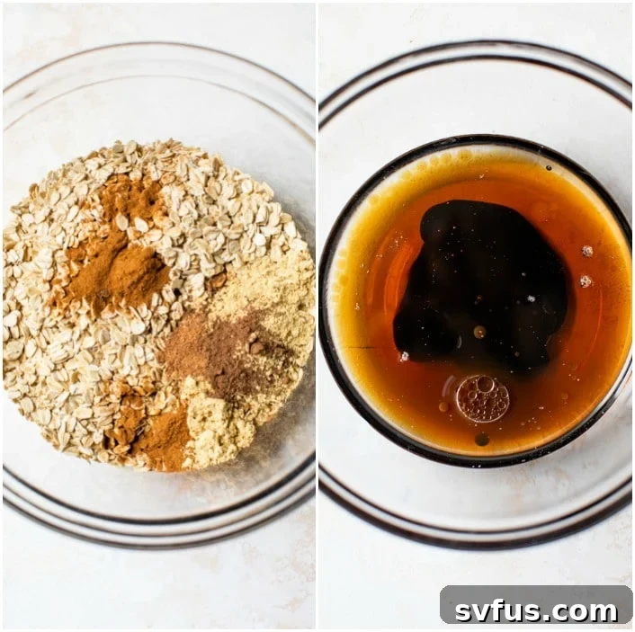Oats in a bowl and maple syrup in a bowl, showing the preparation of dry and wet ingredients for the granola.
