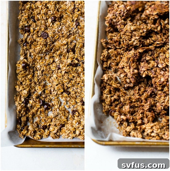 Gingerbread granola spread evenly on a baking sheet, ready to be baked to perfection.