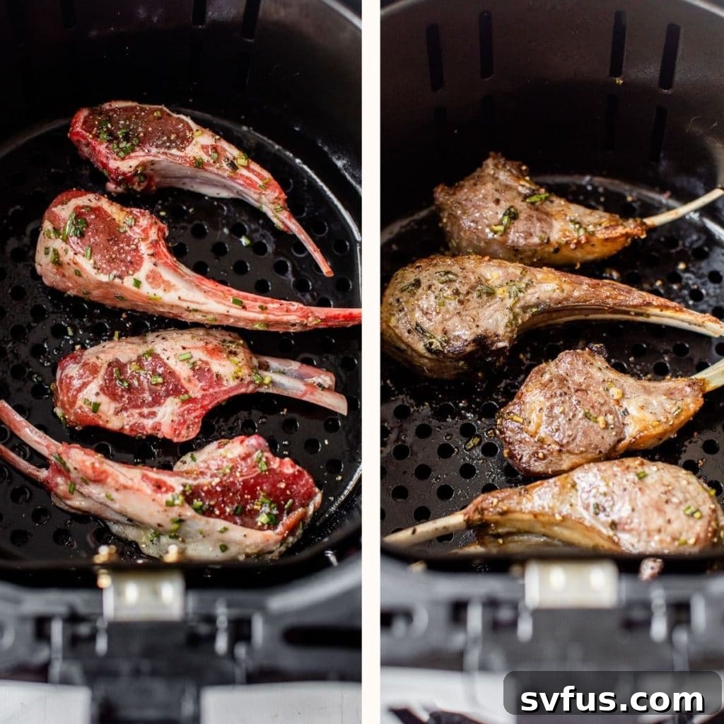 A mix of raw marinated and perfectly cooked lamb chops inside an air fryer basket, demonstrating the cooking process.