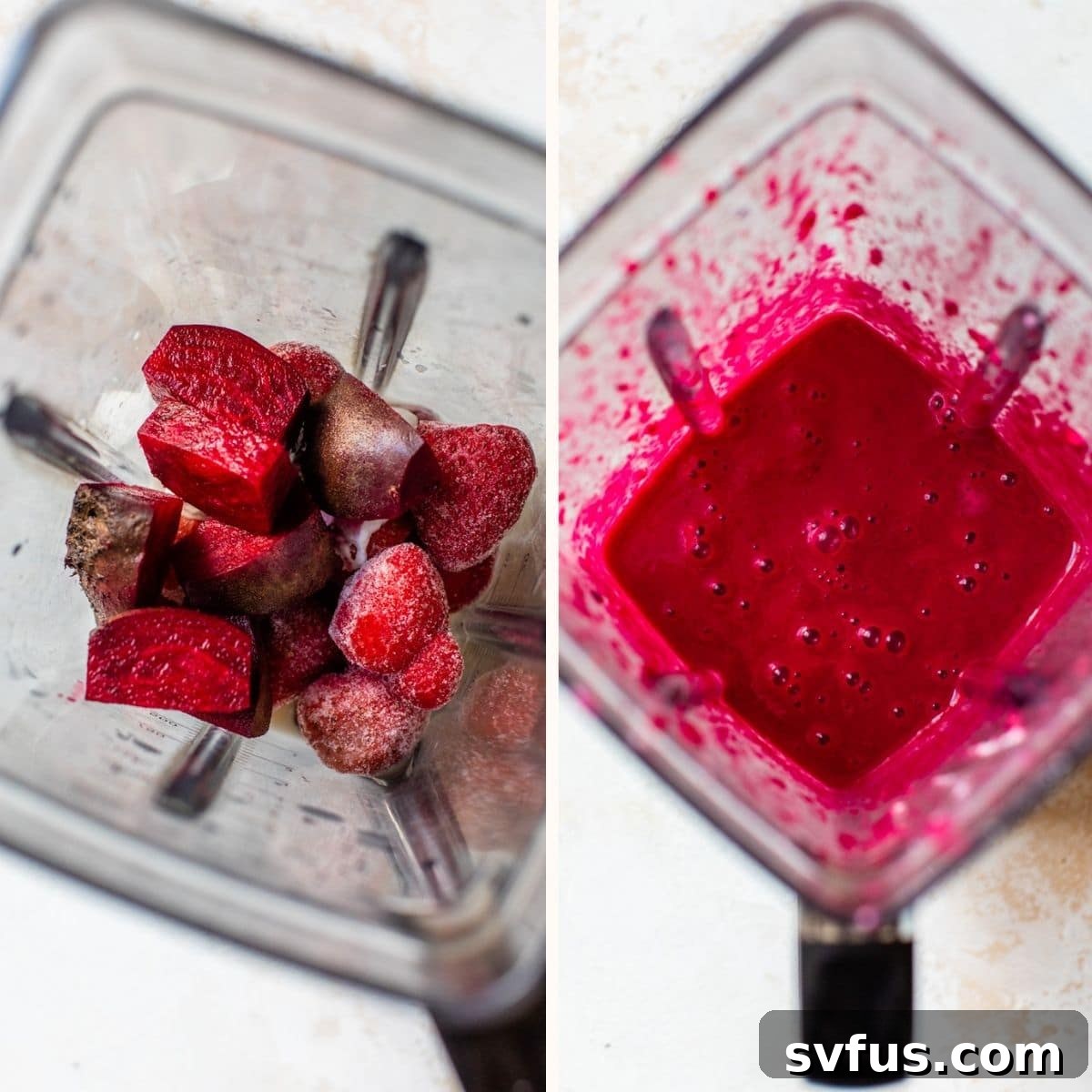 Vibrant hot pink smoothie being blended in a high-speed blender.