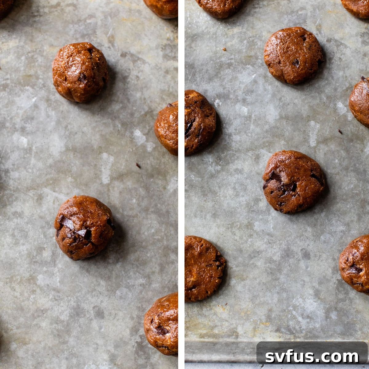 Two images side by side: the left shows cookie dough balls on a baking sheet, and the right shows the same balls slightly flattened into discs before baking.