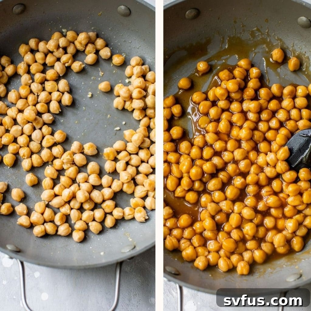 chickpeas in a skillet with sauce