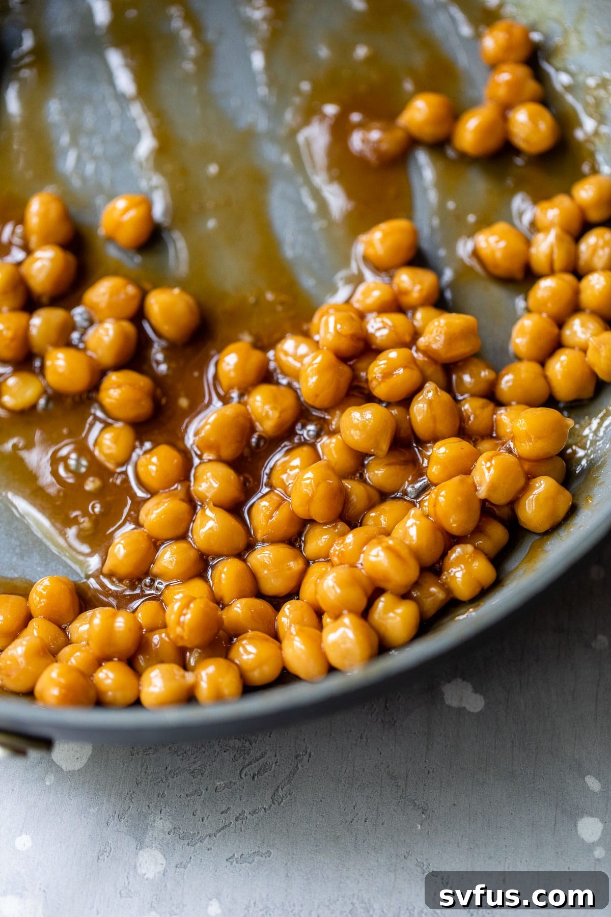 marinated chickpeas in a skillet
