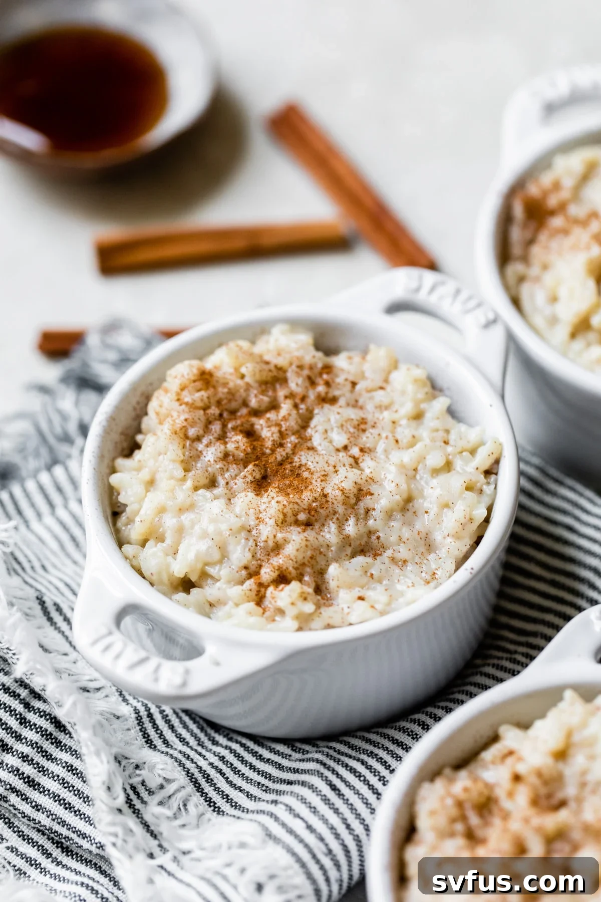 Creamy Vegan Arroz con Leche topped with a generous sprinkle of ground cinnamon, showcasing its comforting texture.