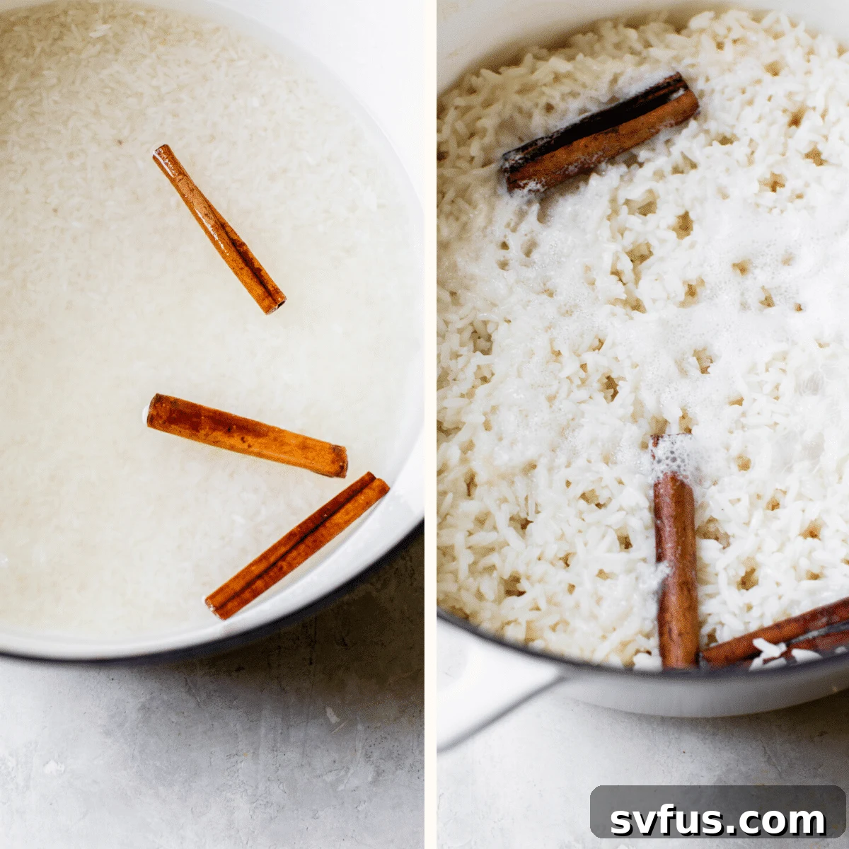 Long-grain white rice and cinnamon sticks simmering in water in a large Dutch oven, creating an aromatic base.