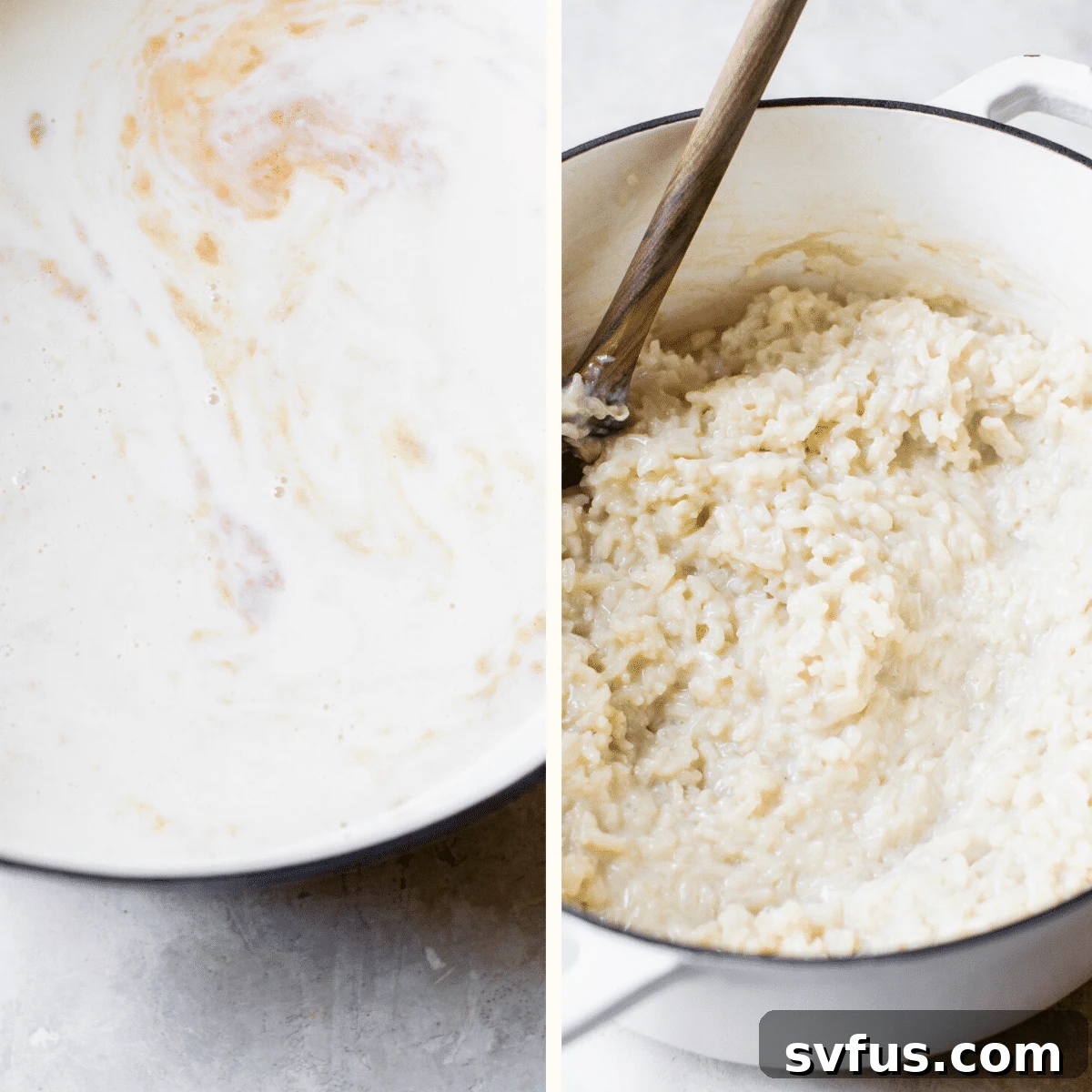 Vegan Arroz con Leche simmering with dairy-free milk, maple syrup, and vanilla in a Dutch oven, becoming creamy and rich.