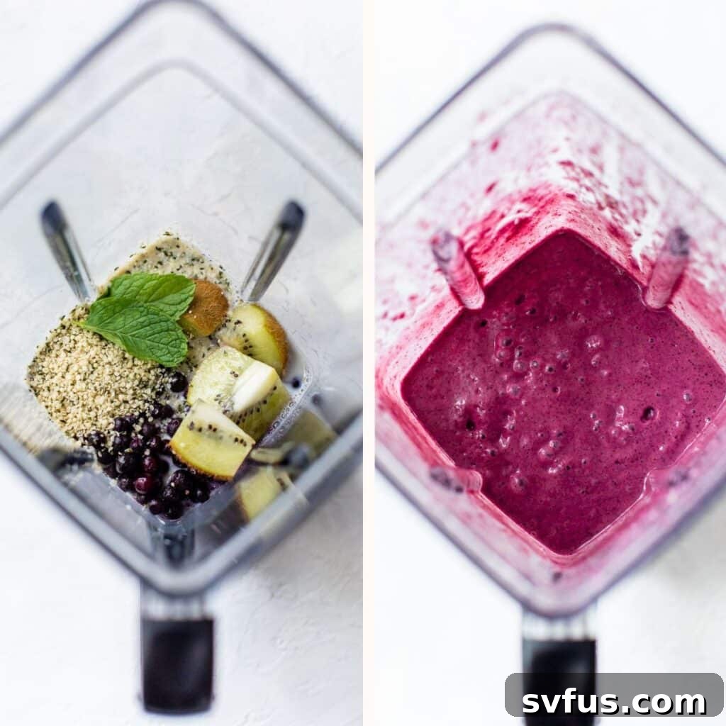 A blender with smoothie ingredients on the left and the perfectly blended smoothie on the right.