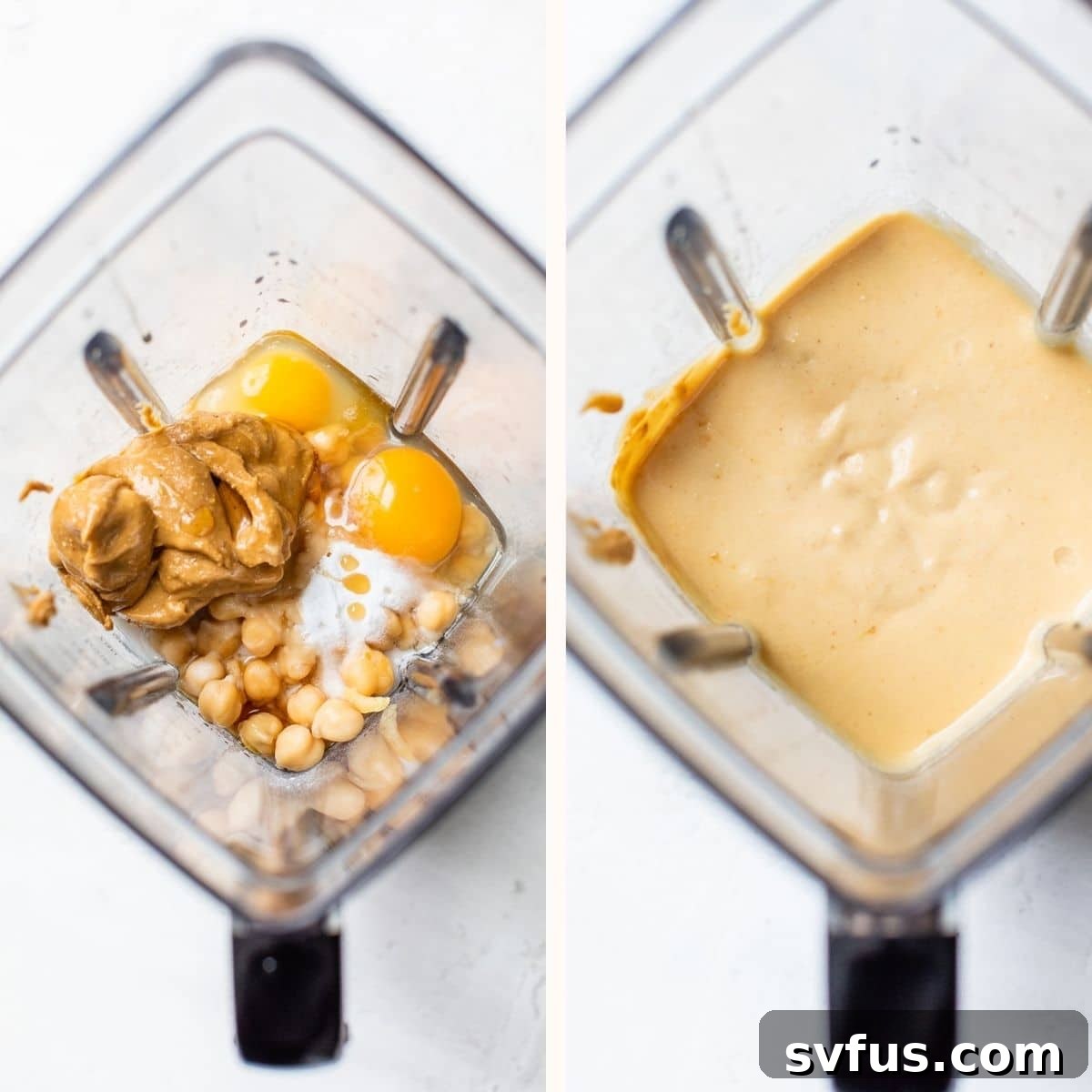 Smooth, creamy chickpea pancake batter swirling inside a high-power blender, showcasing its readiness for cooking.