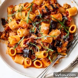 overhead view of a bowl of Eggplant Pasta.