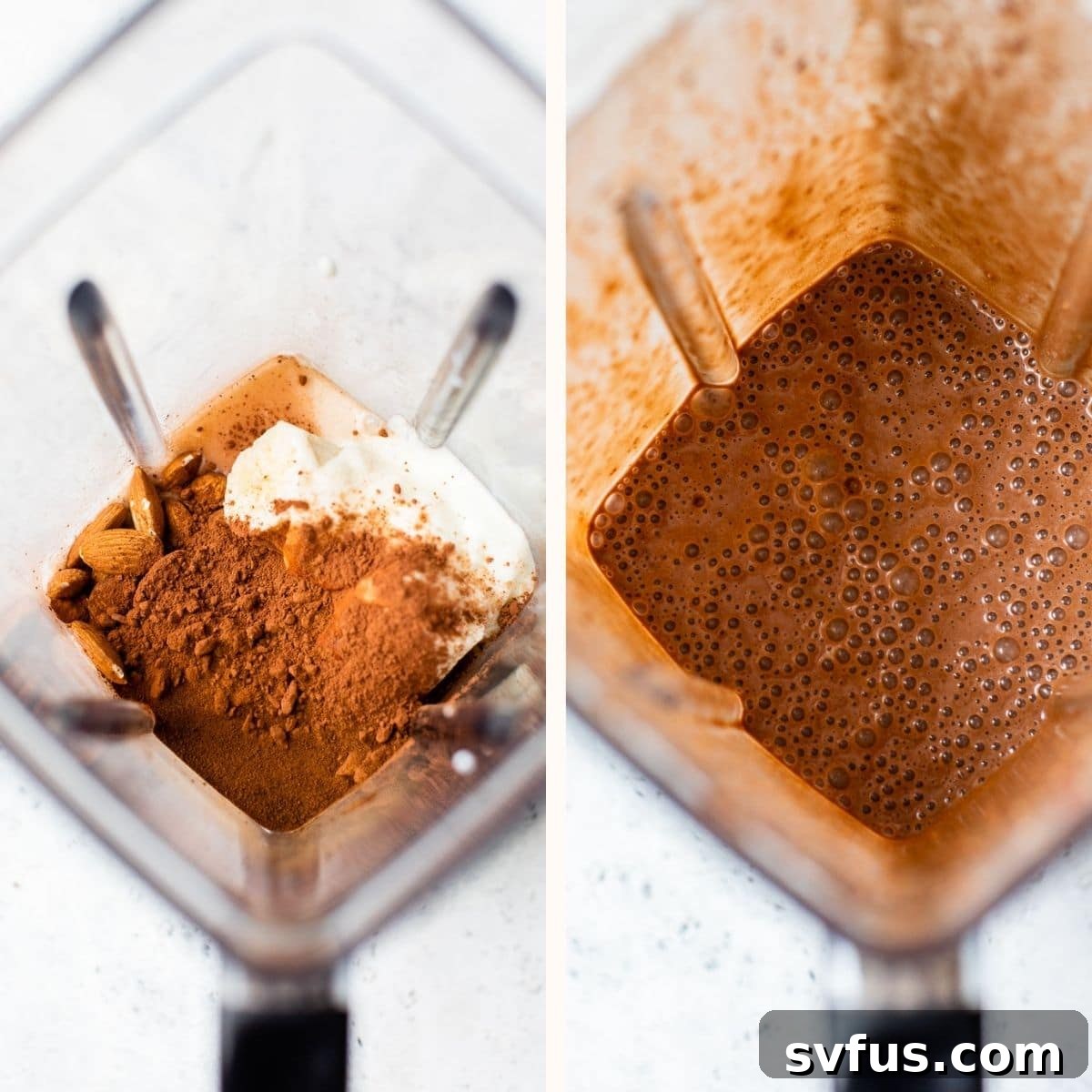 A blender filled with a swirling chocolate-colored mocha smoothie, mid-blend, showing its creamy texture.
