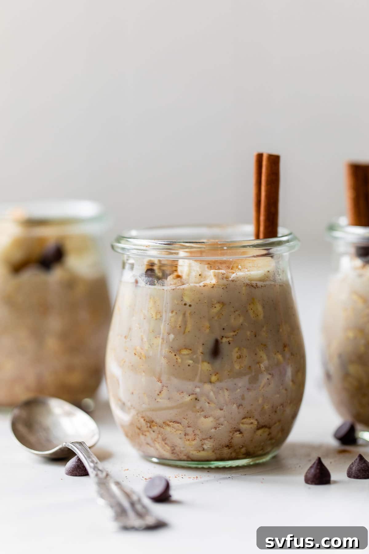 A charming glass jar filled with creamy cinnamon overnight oats, topped with dark chocolate chips and a decorative cinnamon stick, ready for a quick and healthy breakfast.