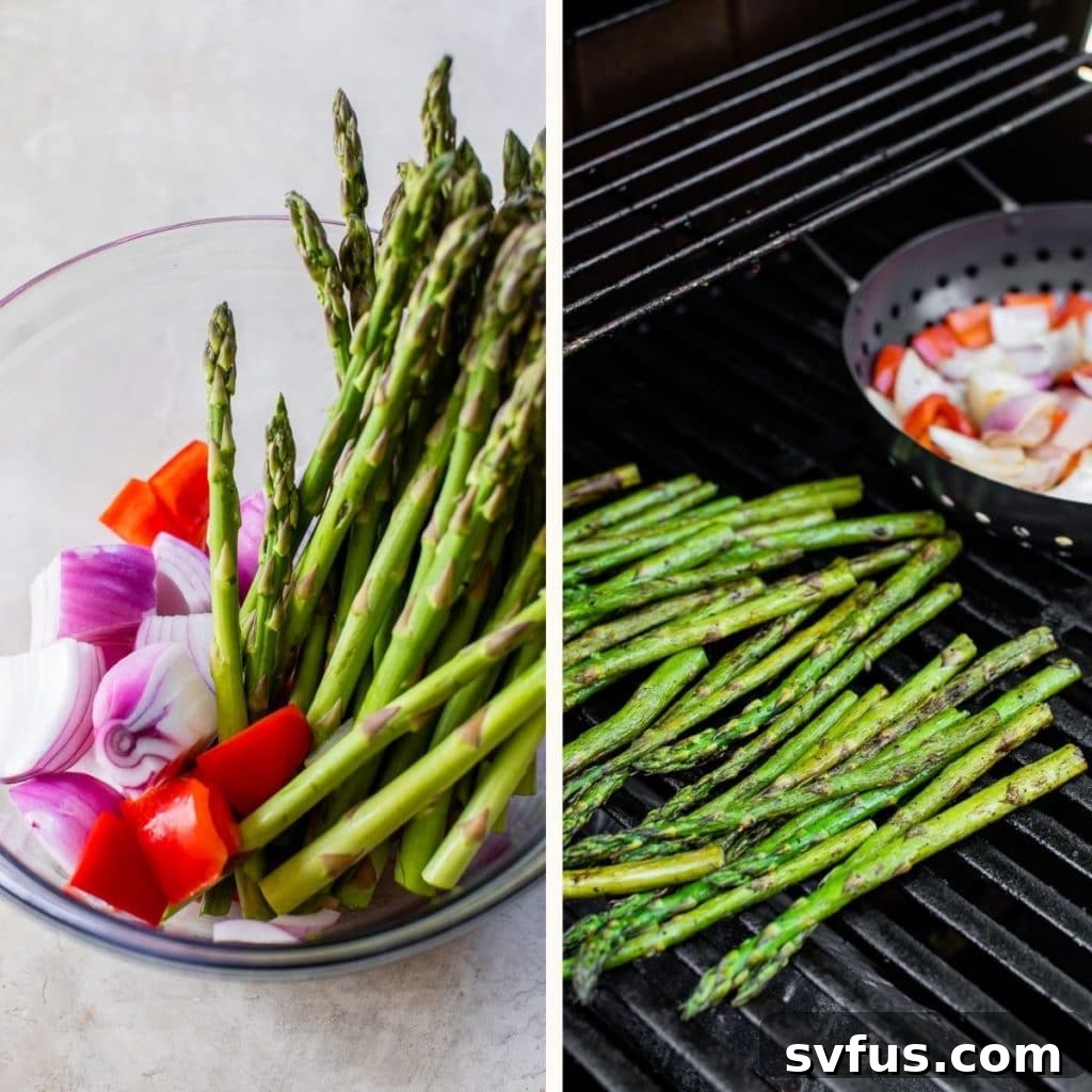 Fresh asparagus spears being grilled to perfection alongside other vegetables in a grill pan, with more asparagus waiting in a glass bowl.