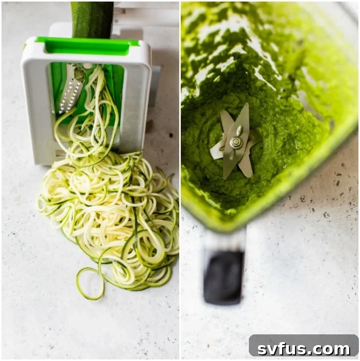 Close-up shot showing how to make zucchini noodles with a spiralizer and preparing fresh kale pesto ingredients.