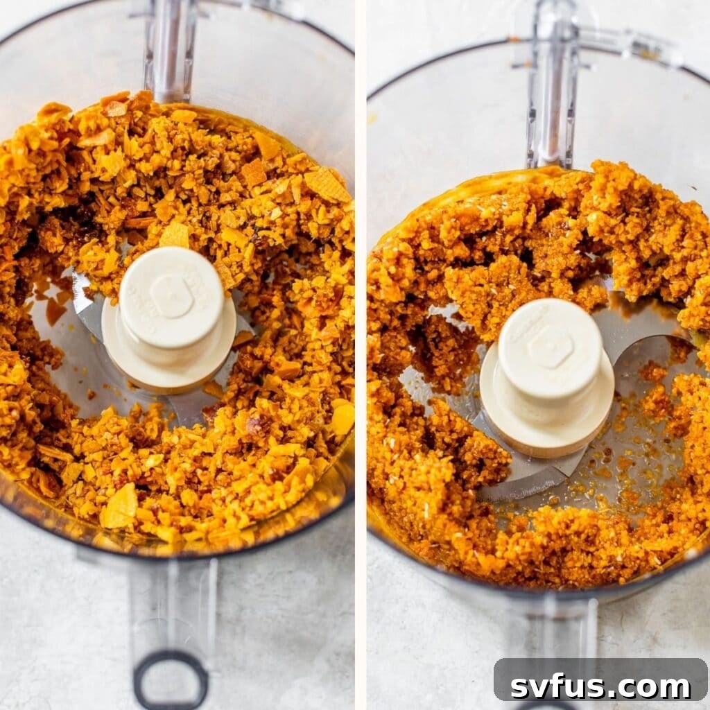 Finely processed dried mango in a food processor, ready for the next ingredients.
