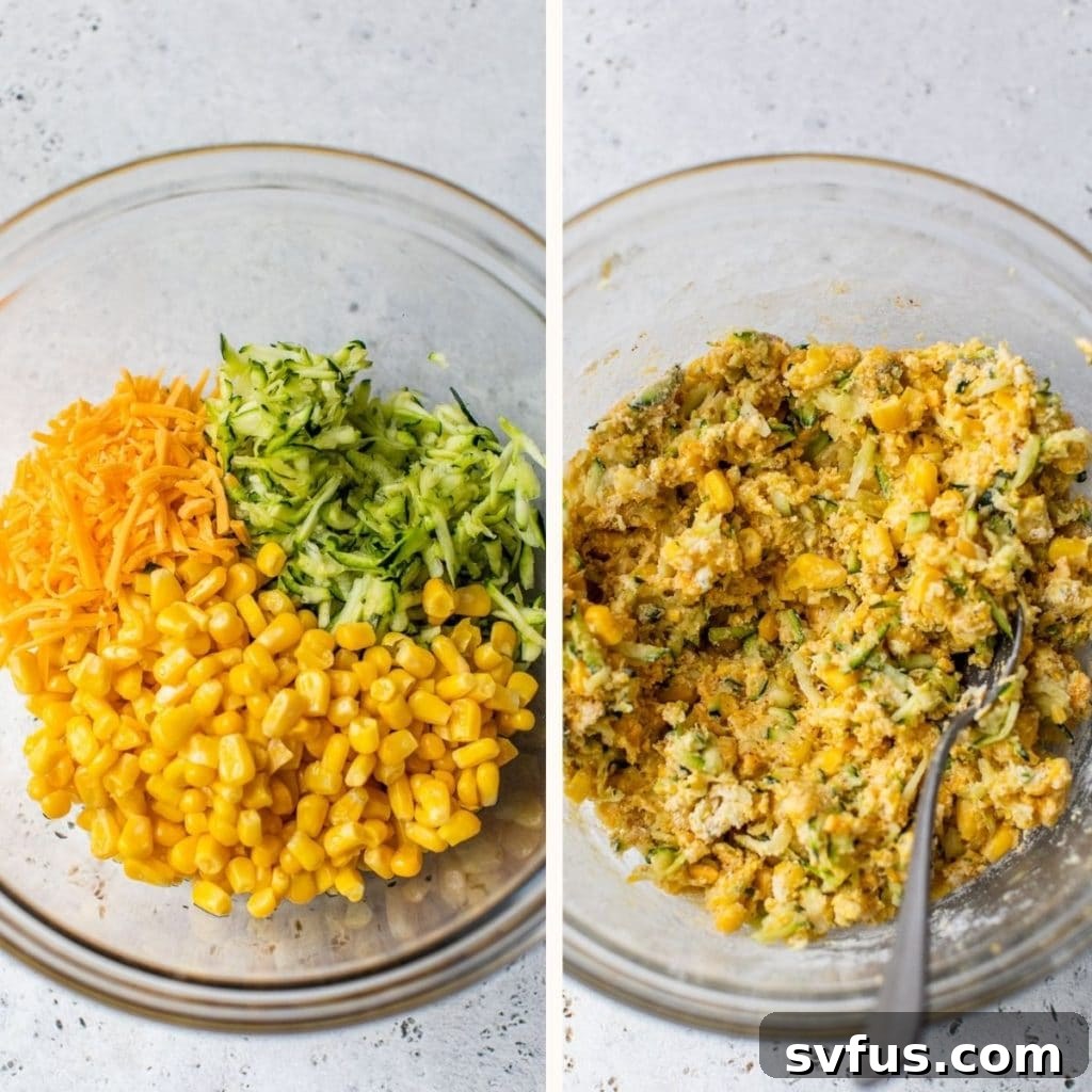 corn, grated zucchini and shredded cheddar cheese in a large glass bowl