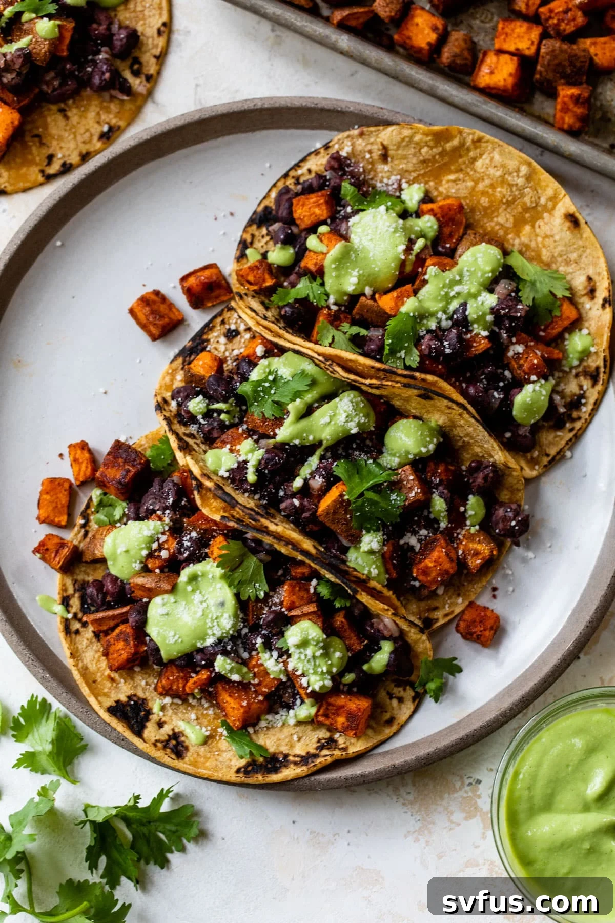 A vibrant close-up of a fully assembled black bean sweet potato taco on a plate, garnished with cilantro and crema, ready to be enjoyed.