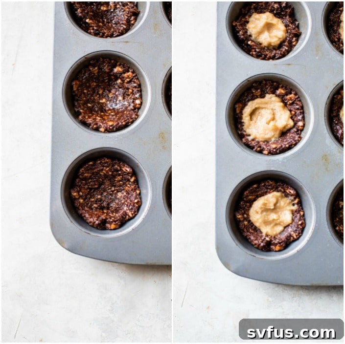 Chocolate cookie mixture pressed into a muffin tin, ready for freezing.