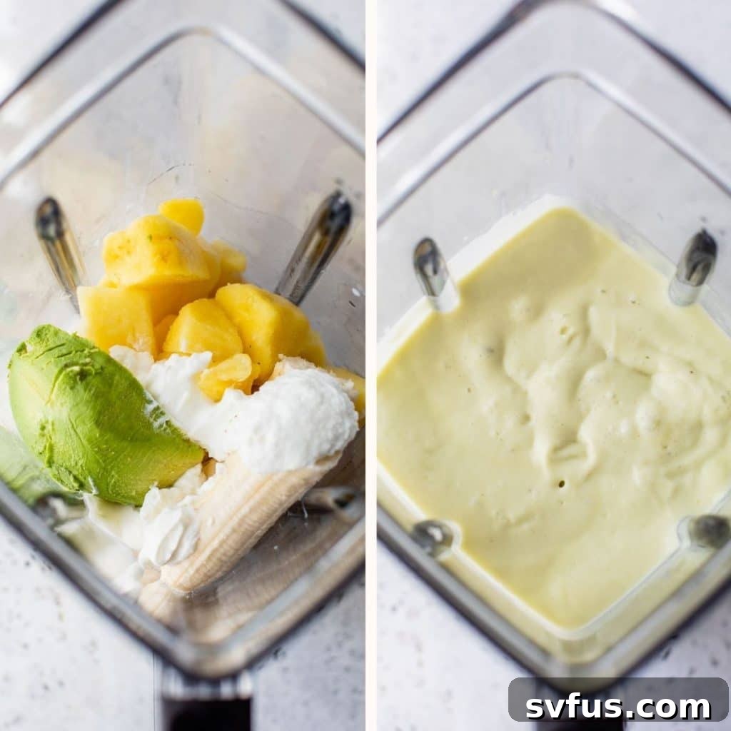 Fresh pineapple chunks, sliced avocado, and a banana ready to be blended for a healthy smoothie.