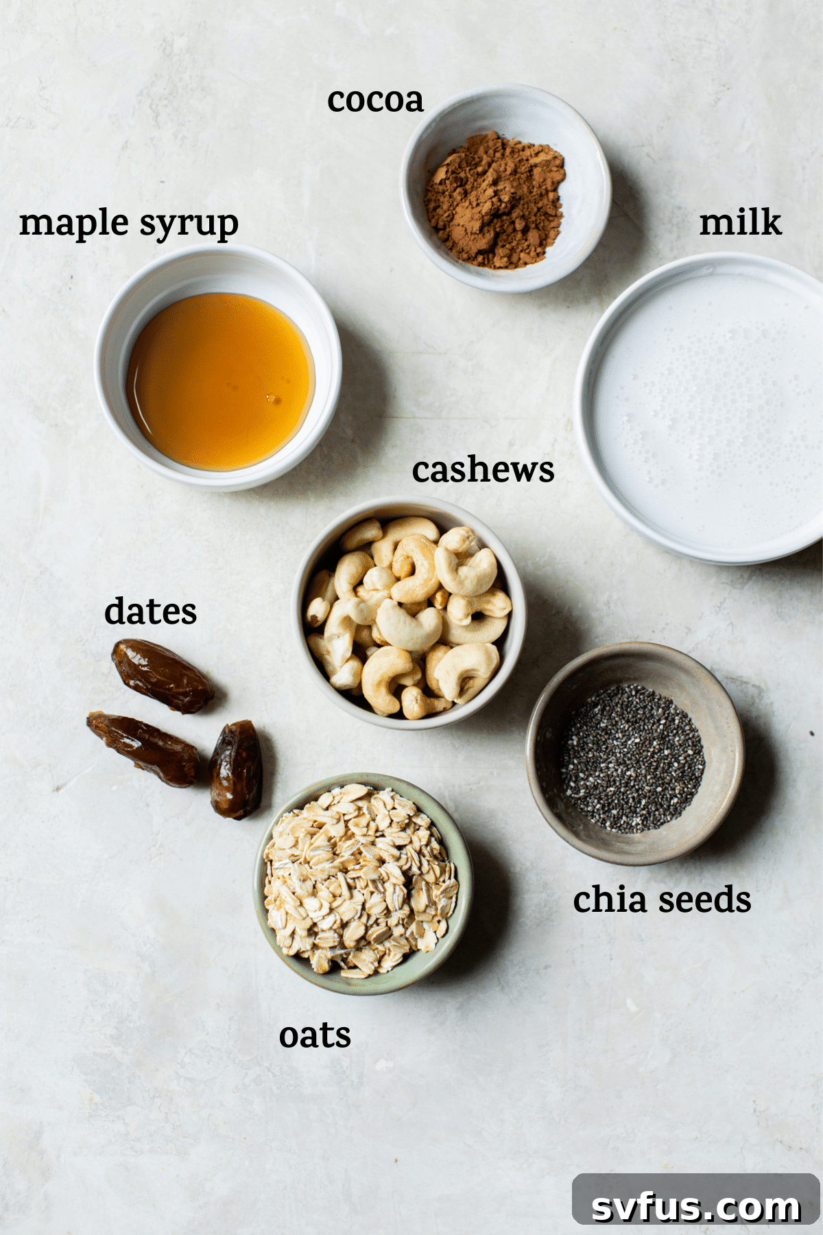 A flat lay of chocolate cashew smoothie ingredients including cashews, dates, oats, cocoa powder, and chia seeds.