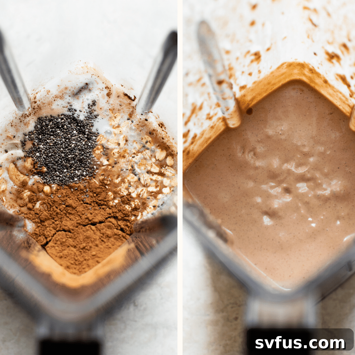 A high-speed blender actively mixing the ingredients for a chocolate cashew smoothie, showing the swirling brown liquid.