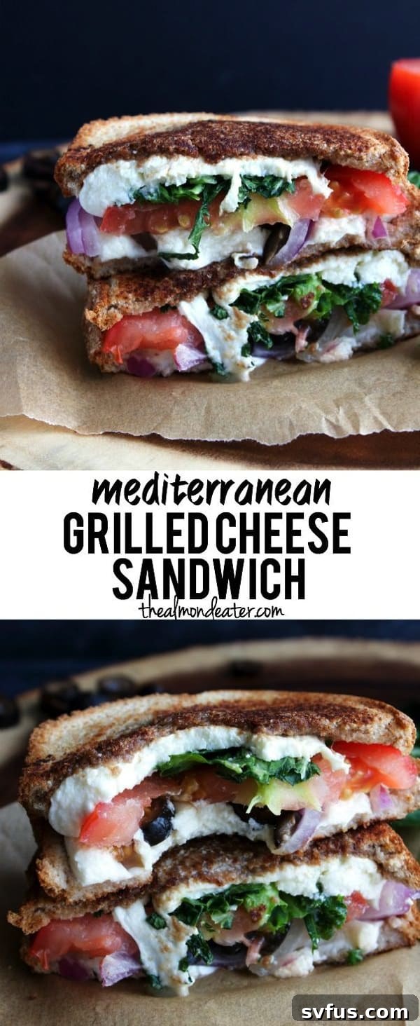 Two halves of a Mediterranean grilled cheese sandwich, revealing the colorful and healthy fillings, ready to be enjoyed.