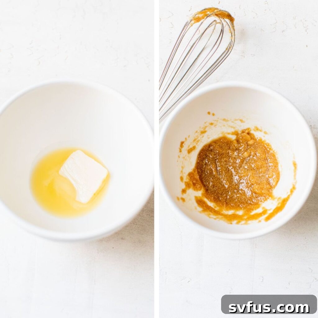 Two images side by side: on the left, gently melted dairy-free butter in a small mixing bowl; on the right, the butter mixed with brown sugar, forming a creamy, golden-brown base for the cookie dough.