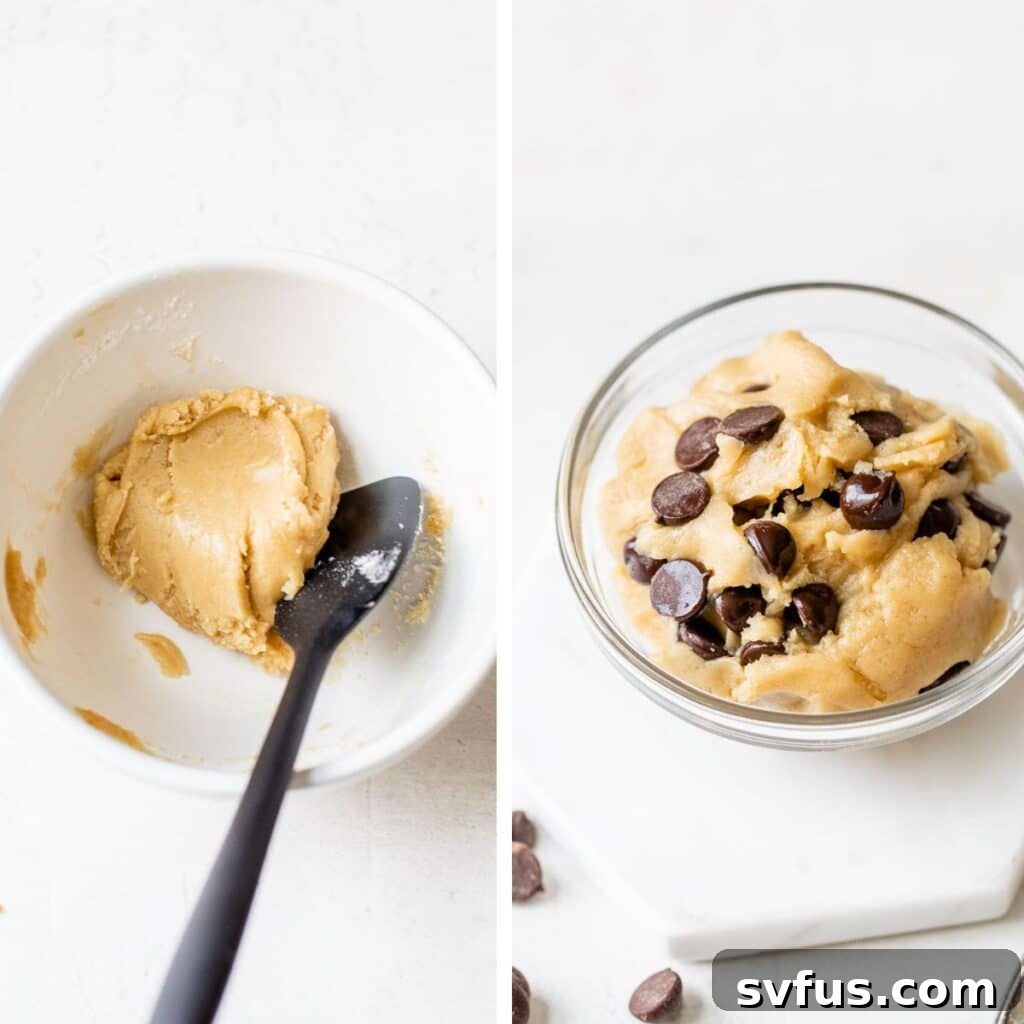 Two images side by side: on the left, smooth, unadorned cookie dough in a small bowl, ready for mix-ins; on the right, the same cookie dough, now generously studded with delicious vegan chocolate chips and perfectly mixed.