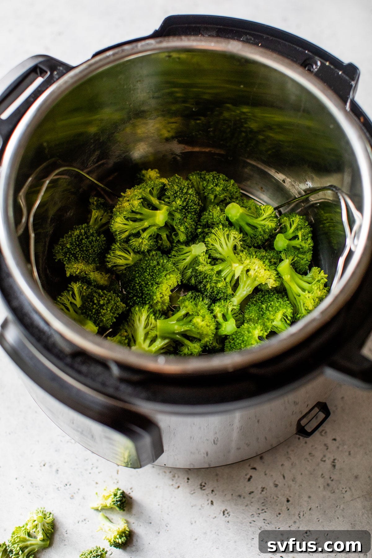 A close-up view of freshly cooked broccoli florets still nestled in the Instant Pot's inner pot, showing their vibrant green hue and tender appearance after steaming.