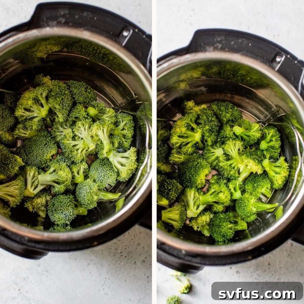 A visual comparison of raw broccoli florets placed in the Instant Pot next to a small bowl of cooked broccoli, demonstrating the transformation.